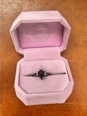 Aquamarise Red Garnet Ring Black Filled Sterling Silver Unique Jewelry NWOT